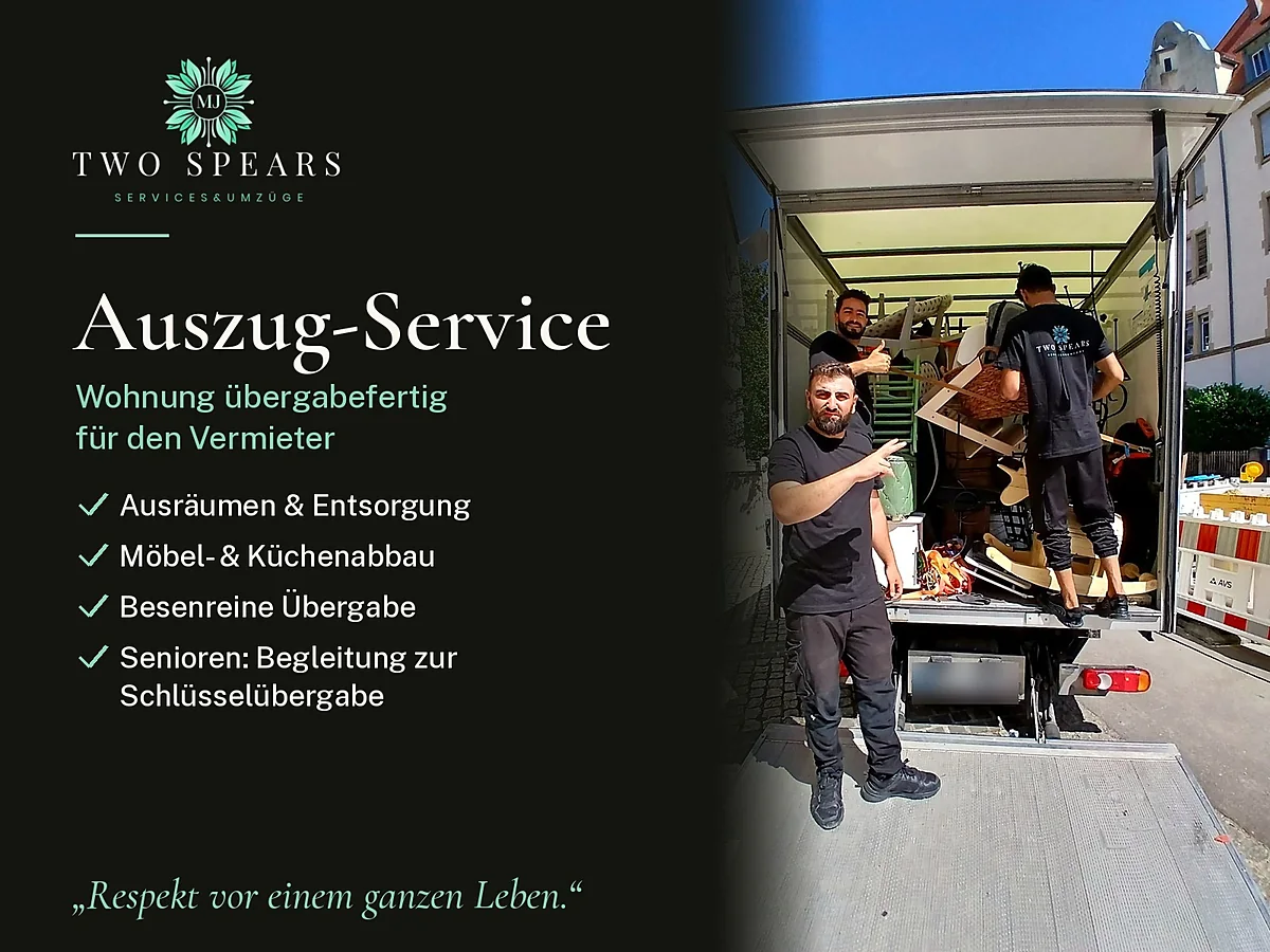 Auszugs-Service von Two Spears: Wohnung übergabefertig für den Vermieter – Ausräumen, Möbel- und Küchenabbau, besenreine Übergabe, Begleitung zur Schlüsselübergabe
