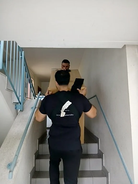 Umzugshelfer tragen ein Möbelstück durchs Treppenhaus